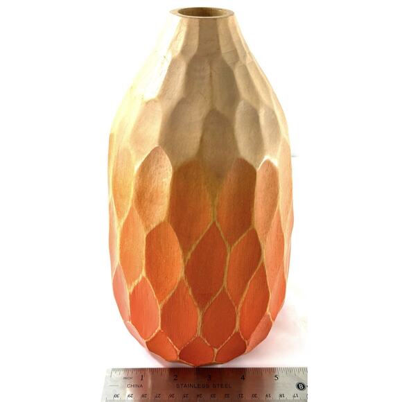 Hand Carved Wooden Decorative Vase Faceted Orange & Natural Wood Thailand 10” - Picture 5 of 7